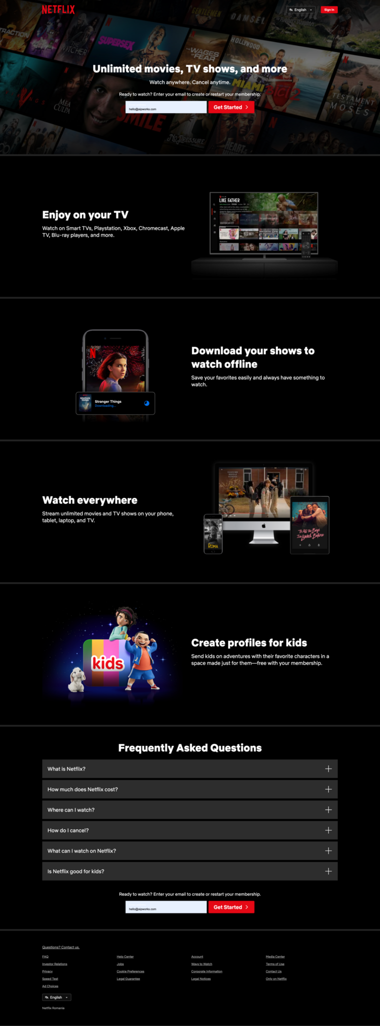 Netflix product landing page