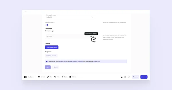 Cursor pointing at the arrow icon on the Api token row.