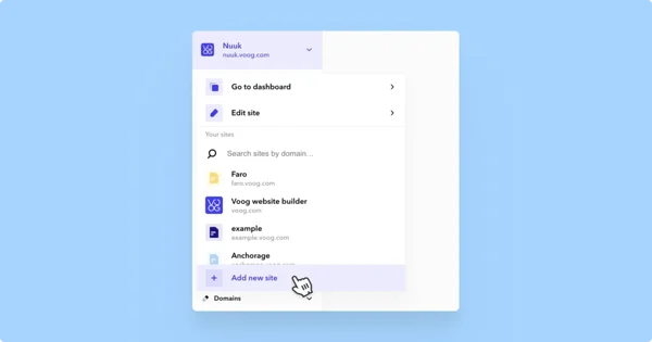 Cursor on the 'Add new site' option in menu.