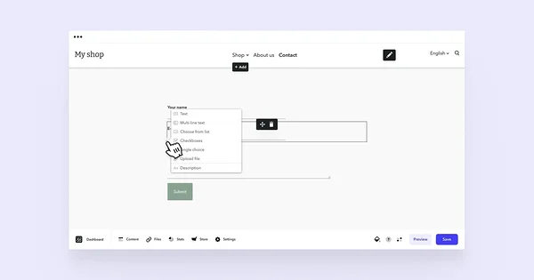Cursor pointing at plus icon that's opened a selection for contact form settings.