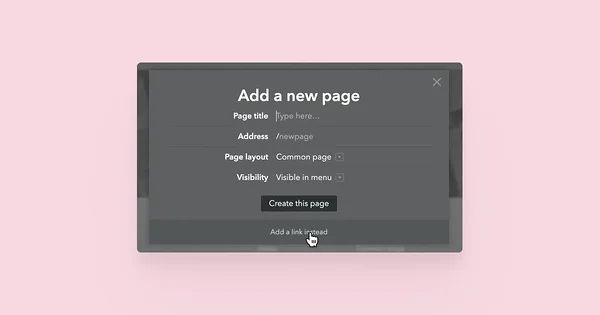 Cursor pointing at 'Add link instead' button in the 'Add a new page' window.