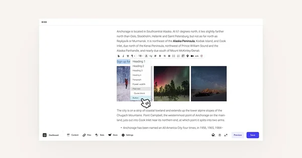 Cursor pointing at the 'Button' option in the drop-down menu of text formatting icon.