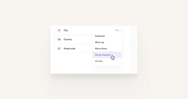 Cursor on the 'Set as required' button of a checkour field.
