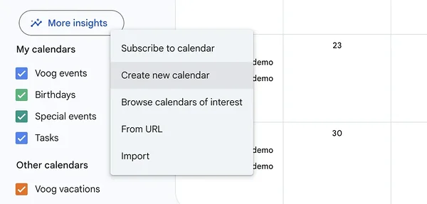 'Create new calendar' button.