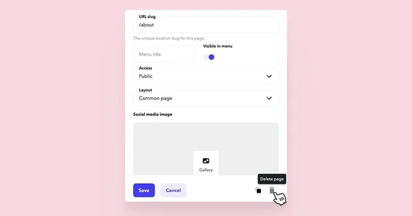 Cursor on the trashcan icon in the bottom right corner in the page settings tab.