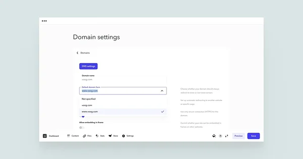 Choosing a default domain form for your domain in the domain settings.