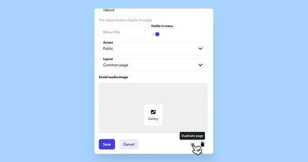 Cursor on the page duplication icon in the bottom right corner of the page settings tab.