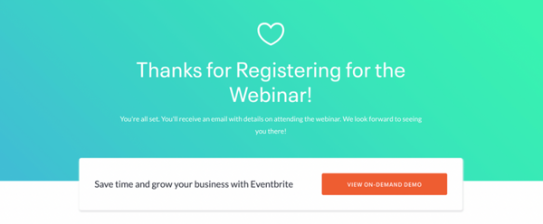 Example of landing page thank you page from Eventbrite