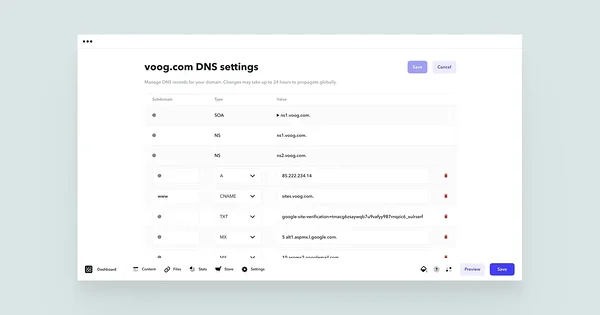 Example of domain's DNS settings in the domain settings view.