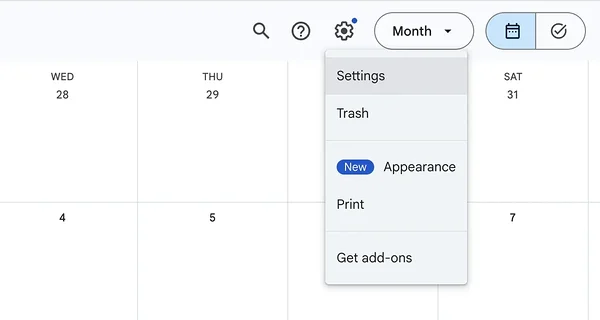 'Settings' drop-down menu of a Google Calendar.
