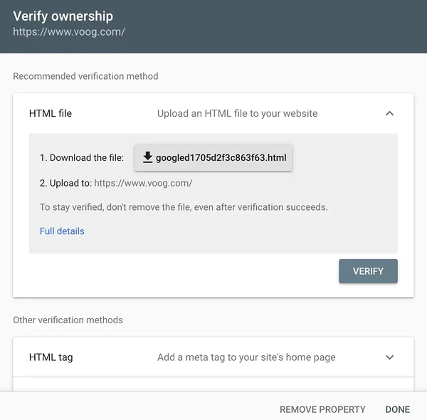 Google Search Console'i verifitseerimiskood selle seadistamise aknas.
