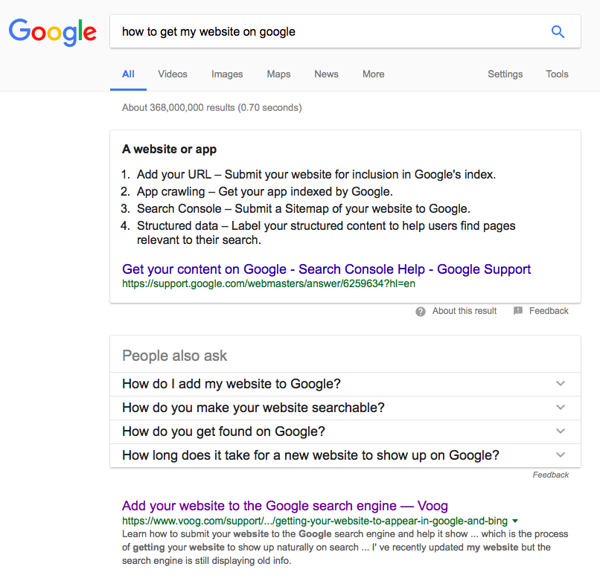 google search results for "how to get my website on google"