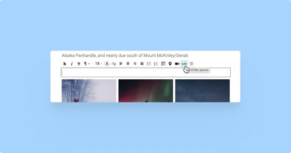 Cursor pointed at the 'Edit HTML source' button in the text toolbar.