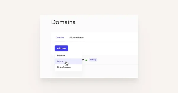 Cursor on the 'Import' button in domains menu.