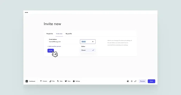Cursor on the 'Invite 'button' for adding a new person to the people with access.