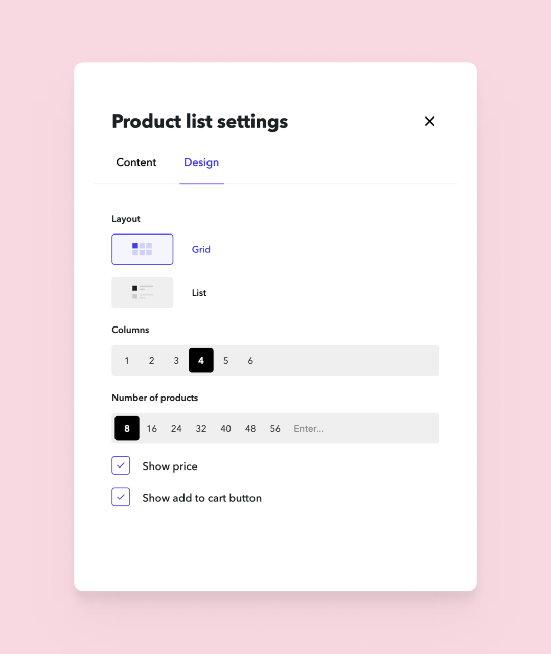 New Product list settings on Voog website builder 