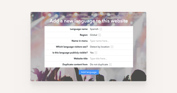 The form for adding a new language to the site