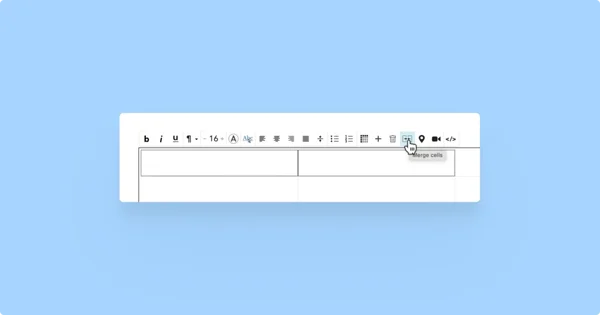 Cursor pointing at the 'Merge' on the text toolbar button for merging two cells.