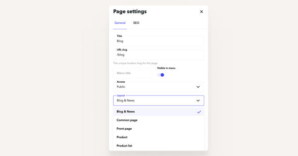 Selecting a page layout from the page settings tab