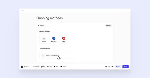 Cursor pointing at 'Add new shipping method' button in store settings