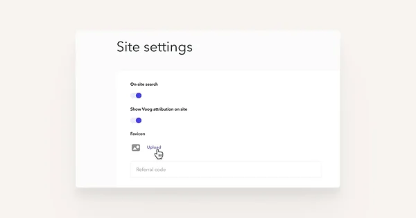Cursor on the 'Upload' button to upload a favicon in site settings.