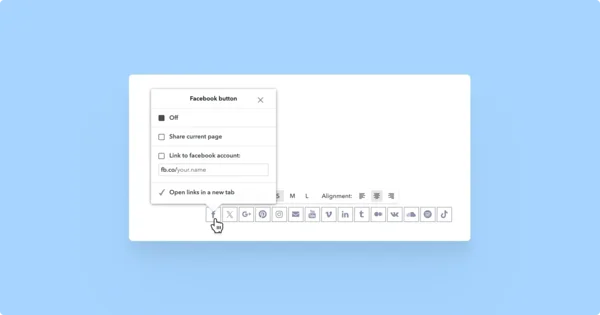 Cursor pointing at the Facebook button in social content area.