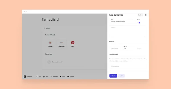 Uue tarneviisi lisamise aken tarneviiside menüüs.