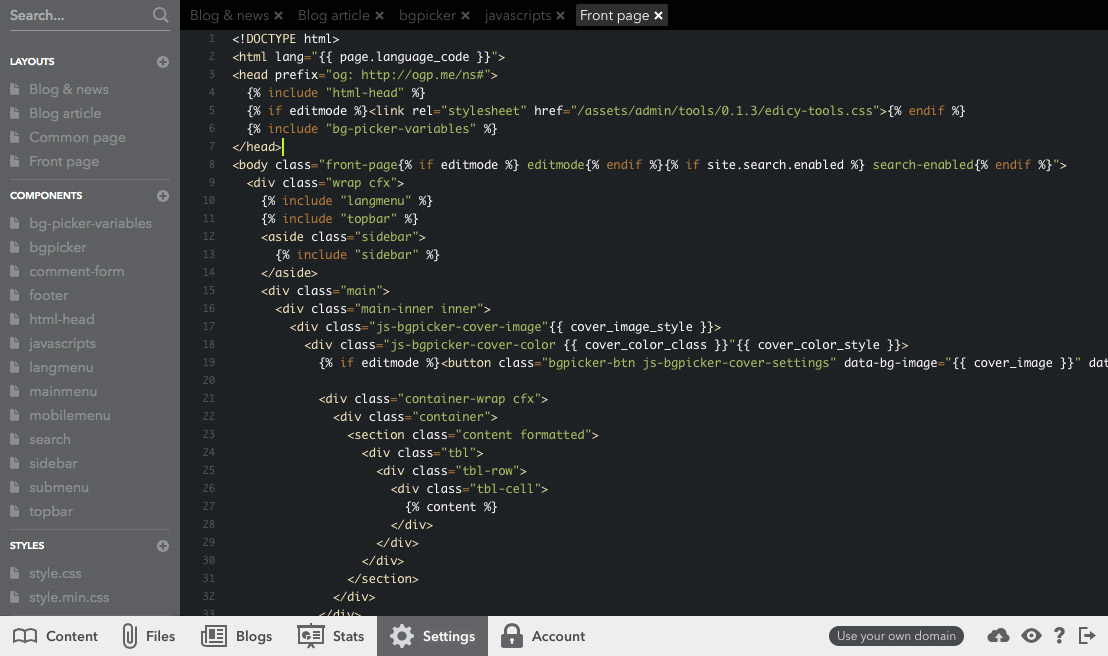 Website design template code editor in Voog