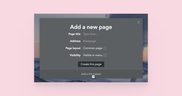 Cursor pointing at 'Add link instead' button in the 'Add a new page' window