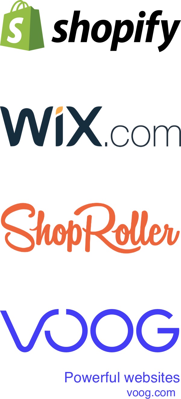 shopify, wix, shop roller and voog logos