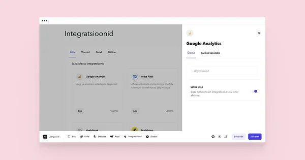 Google Analytics jälgimiskoodi sisestamise väli.