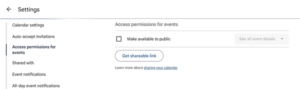 Kalendri avalikuks tegemine 'Access permissions' alt.