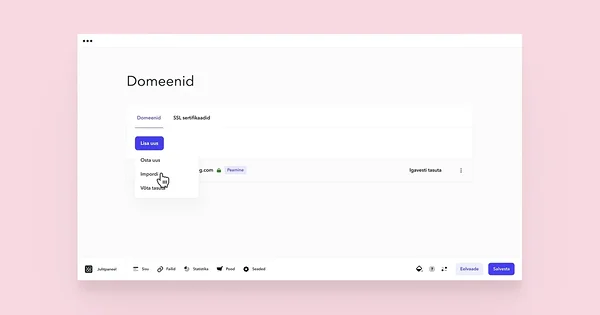 'Lisa uus' nupu alt avanev rippmenüü, kus kursor 'Impordi' valikul.