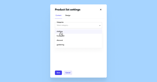 Select categories in product list settings