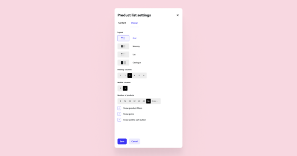 Design options in product list settings
