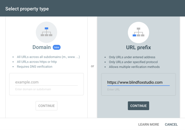 Writing your domain to the URL prefix box in Google Search Console