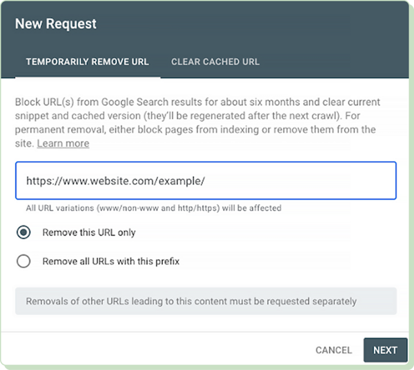 Google Search Console URL Removals Tool