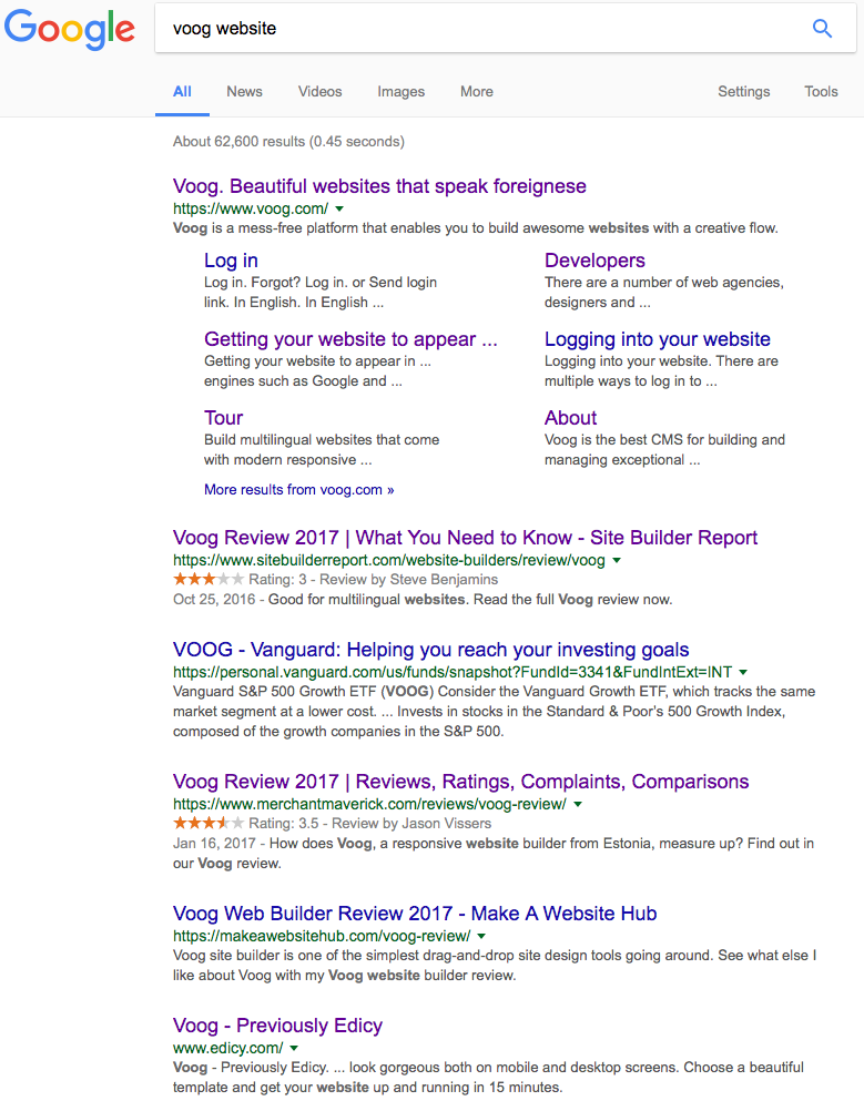 Searching for voog website on Google