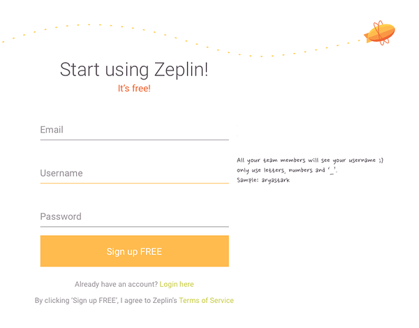 Le formulaire d’inscription de Zeplin