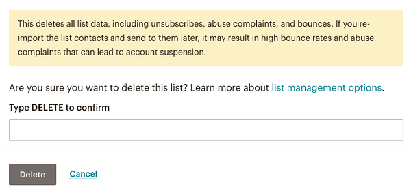 Mailchimp demande la confirmation de suppression en obligeant l’utilisateur a saisir le mot "DELETE"