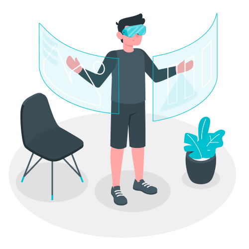 homme avec un casque de realite virtuelle explorant la realite augmentee sur deux ecrans