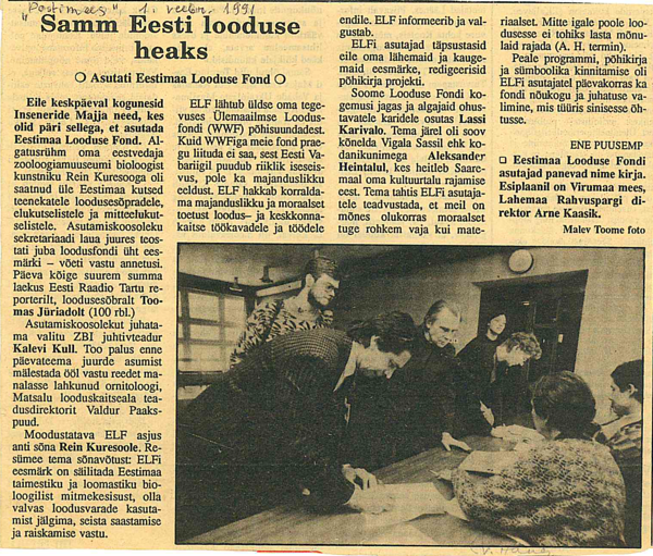 Väljavõte 1. veebruari 1991. a Postimehest. ELFi loomine.