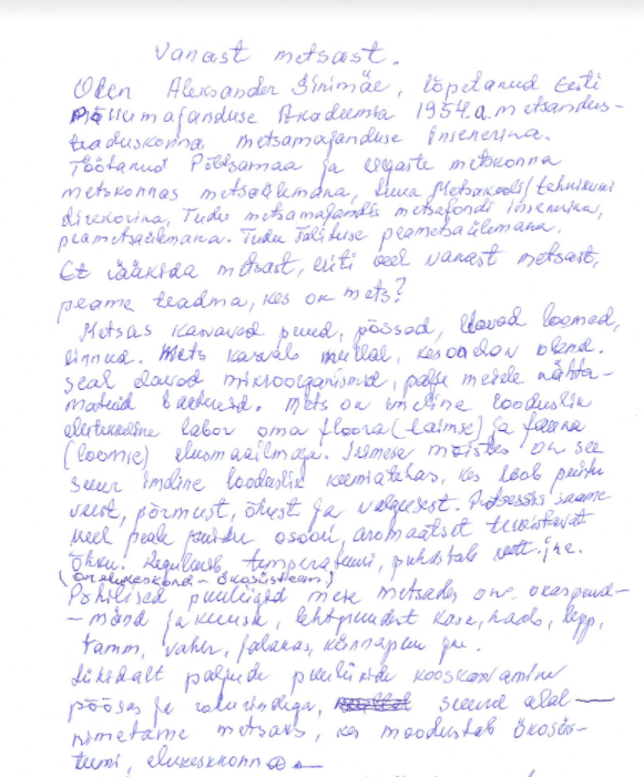 Väljavõte 94-aastase Aleksander Sinimäe ELFile saadetud kirjast