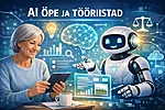 Vanemaealine naine kasutab tableti ekraani, tema kõrval sõbralik AI‑robot holograafilise infotausta ees — Tammaru Farm.