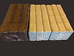 Kolm-pakki-briketti.jpg Three briquette packs: one dark peat-wood pack and two light wood packs, 10 kg each.