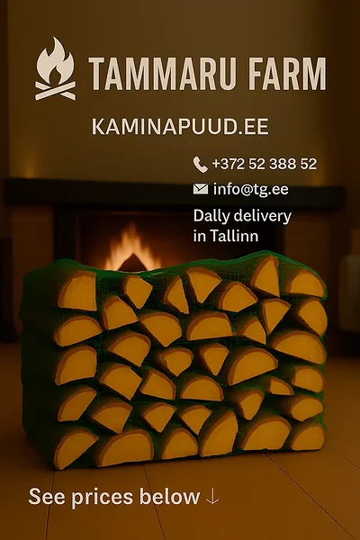 kaminapuud-ek-visuaal.png Fireplace burning, in front 3 x 40L net bags of split firewood; glass marked “TAMMARU FARM”, below “kaminapuud.ee”
