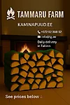 firewood-en-visual.png Burning fireplace with 3 x 40L mesh bags in view; “TAMMARU FARM” on glass, “kaminapuud.ee” below