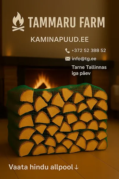 kaminapuud-ek-visuaal.png Kaminas põleb tuli, ees lõhutud puud 3 x 40L võrkkotis; klaasil “TAMMARU FARM”, all “kaminapuud.ee”