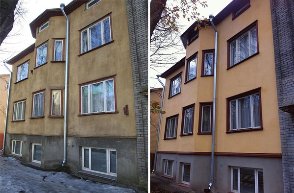 Fassaad enne ja pärast, renoveeritud fassaad on värvitud lubivärviga