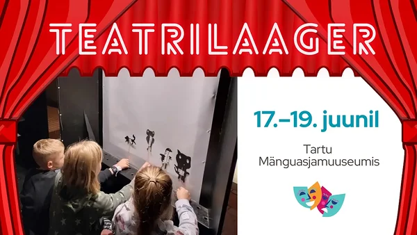 laagriplakat: punased kardinad, mille taga lapsed varjuteatrit teevad